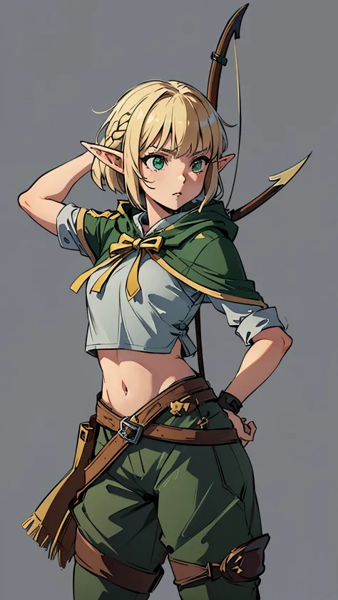 masterpiece, detailed, character, dungeons and dragons character, 1girl, elf girl, elf ranger, ((elf hunter)), arrow quiver, aiming, hunting pose, have arrows, elf bow, (have (hunting bow:1.35) in hands:1.1), (golden blonde) medium-short hair, (hair braid), cute face, detailed face, detailed eyes, green eyes, (wearing fantasy (forest elf (hunter outfit)), brown pants, green jacket, cool croptop, outfit with cape and hood), ((simple background, grey color background))