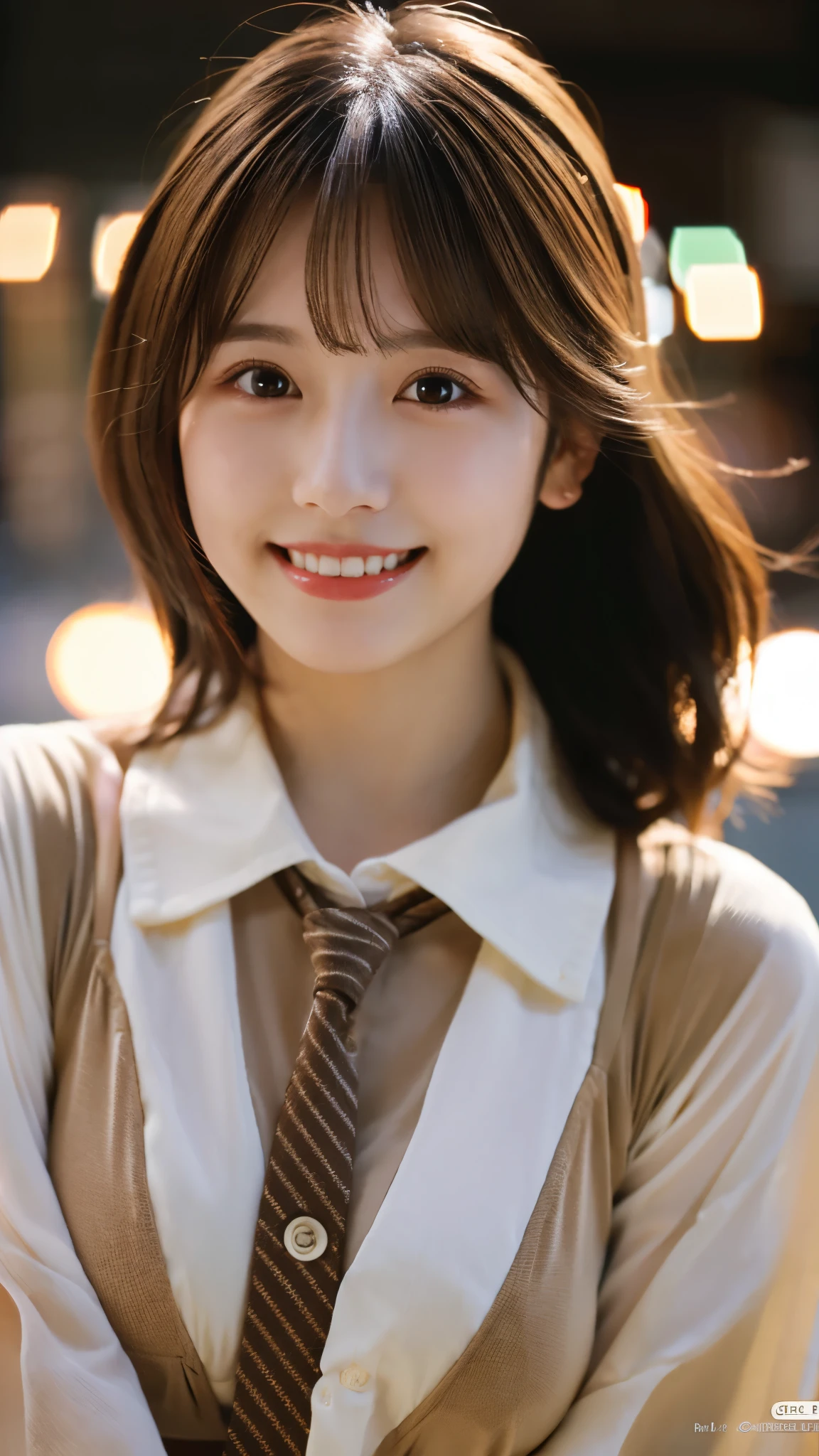 best quality ,masterpiece,ultra high res, very beautiful, kawaii, (photo realistic:1.4), 1girl, Japanese, brown hair, Cinematic, 35mm lens, f/ 1. 8, accent lighting, 8k, bikini side tie bottom, see-through white button shirt, smile, head shot, Tokyo