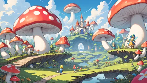 colorful giant mushroom kingdom，full of fairy tale feeling，bright colors，children playing happily on mushrooms