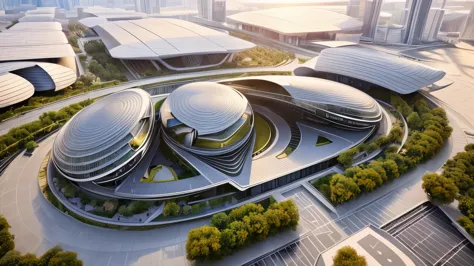 a rendering of a futuristic building with a circular roof, by Zha Shibiao, inspired by Zha Shibiao, beautiful render of tang dynasty, architectural render, futuristic government chambers, futuristic palace, wide angle exterior 2022, architectural rendering...