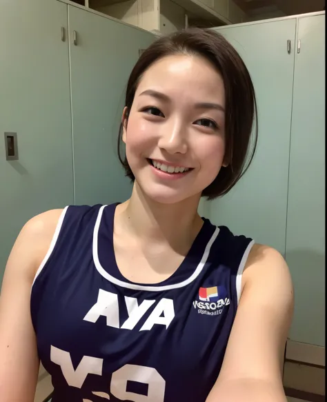 (highest quality:1.2),(perfect beautiful face:1.2),(perfect and beautiful posture:1.2),female volleyball player,big and full breasts,big ass,short cut hair,laughter,(volleyball uniform/),Tank top,(Sweating from the whole body:1.2),(abnormal sweating:1.2),i...