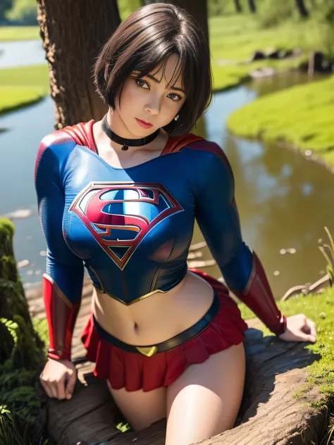 masterpiece、Short-haired Supergirl fell into the swamp..、big and full breasts、look at the camera、shiny costume、red mini skirt、Mu...