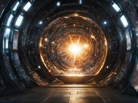 among the dark space of the universe, large artificial high-tech ring gate flies through space and time, cosmic light and the ancient energy of the Universe burst out from the depths of these gates and transport the viewer to other worlds, where it&#39;s l...