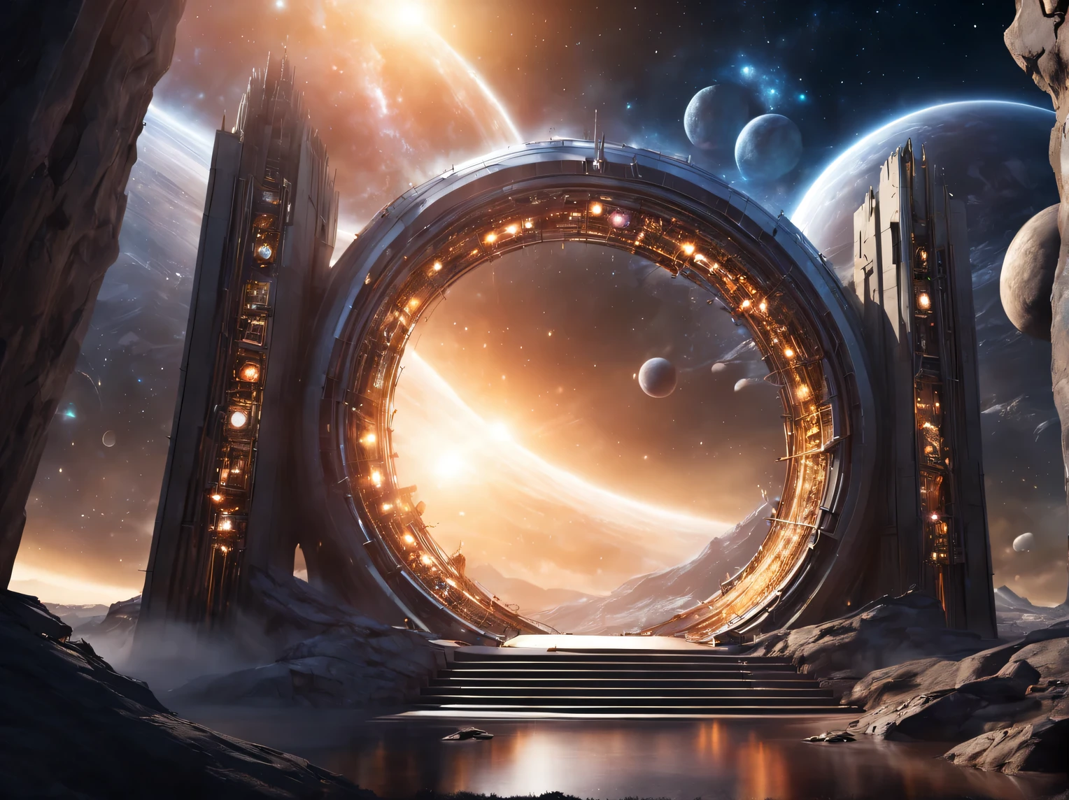 among the dark space of the universe, large artificial high-tech ring gate flies through space and time, cosmic light and the ancient energy of the Universe burst out from the depths of these gates and transport the viewer to other worlds, where it&#39;s light and cozy, high detail, Cinematic photo, a high resolution, dynamic lighting, ray tracing, a high resolution, 8K, masterpiece, Science fiction