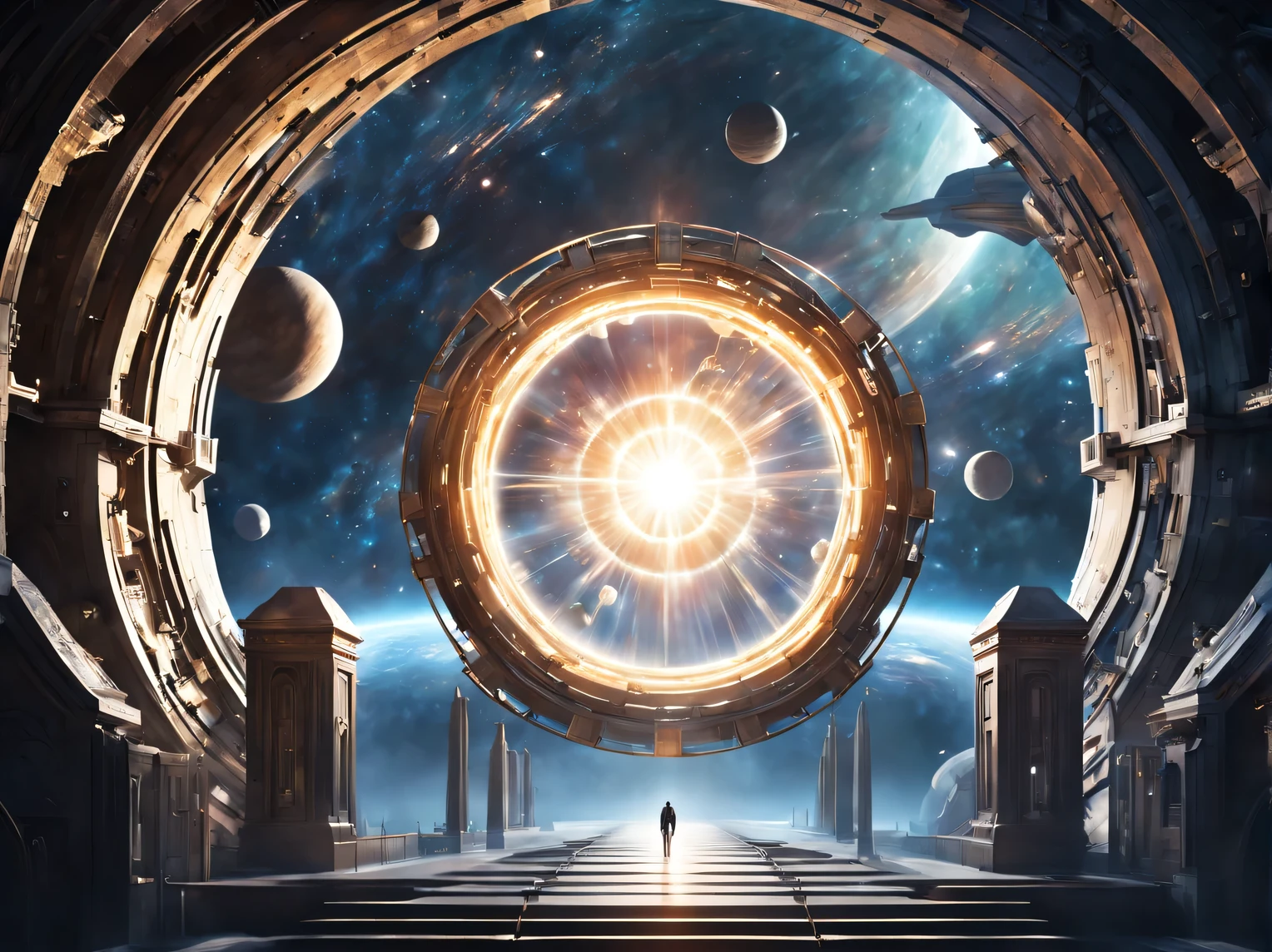 among the dark space of the universe, large artificial high-tech ring gate flies through space and time, cosmic light and the ancient energy of the Universe burst out from the depths of these gates and transport the viewer to other worlds, where it&#39;s light and cozy, high detail, Cinematic photo, a high resolution, dynamic lighting, ray tracing, a high resolution, 8K, masterpiece, Science fiction