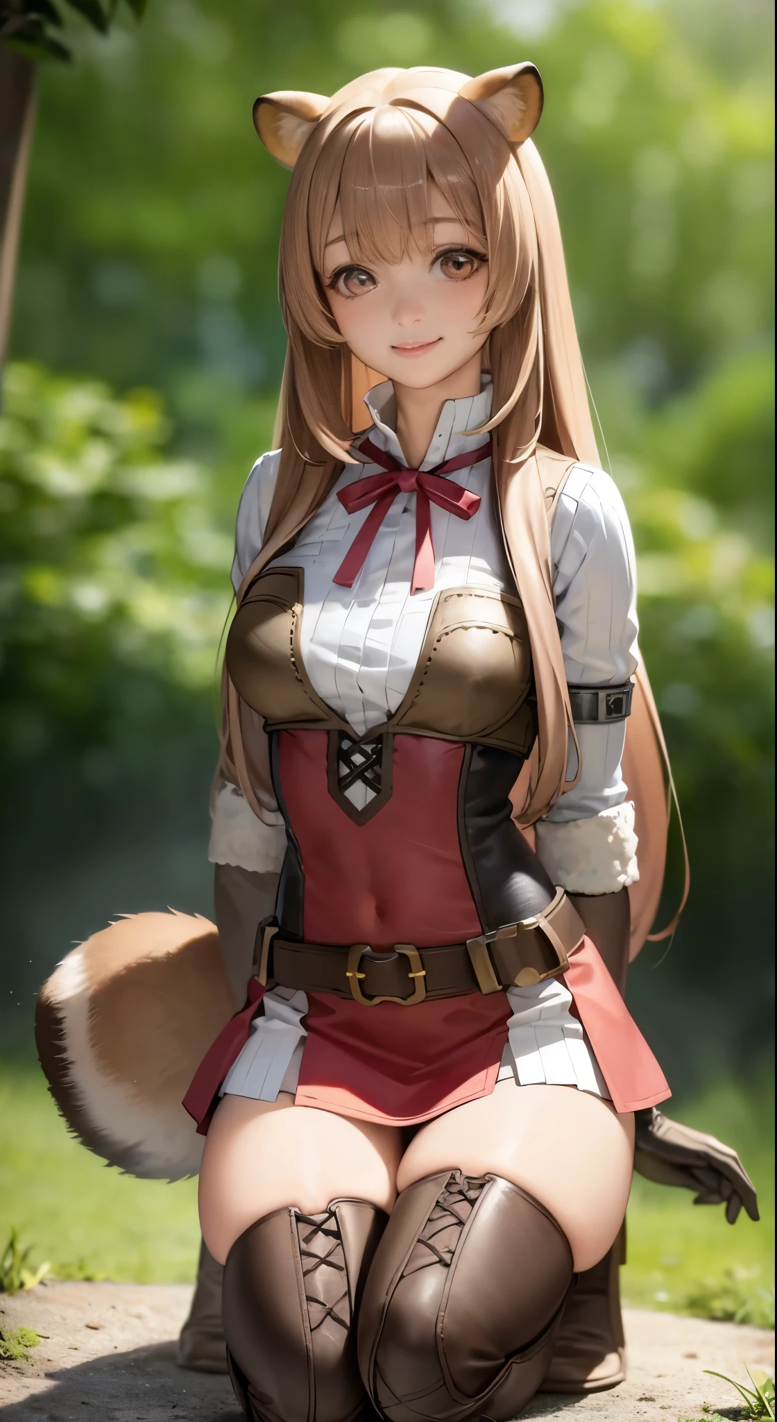 highest quality, rough, 1 girl, roughタリア、super mini skirt、white panties、squatting down、spread legs,show white panties,sexy,美しいthighs、raccoon ears, a racoon girl, animal ears, solo, long hair, brown hair, racoon tail, tail, gloves, thigh boots, knee boots, smile, bangs, thighs, thighs, looking at the viewer, full body, brown gloves, belt, long sleeves, Are standing, dress, band, closed mouth, brown shoes, Blogna, 短いdress, zettai ryouiki, red ribbon full definition, (realistic:1.4), masterpiece, blurred background, わずかなsmile, Slightly pink cheeks,in the forest, clear sky