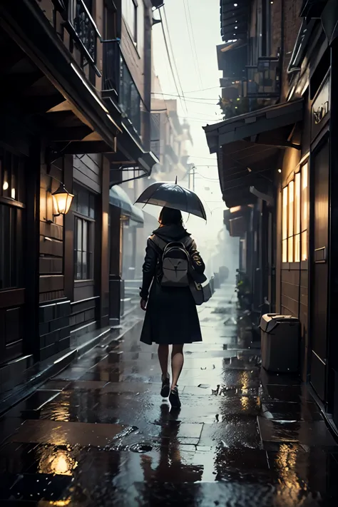 An iconic, professional HDR photograph of a cute, wonderful  walking in the rain. Enchanting details make this masterpiece one o...