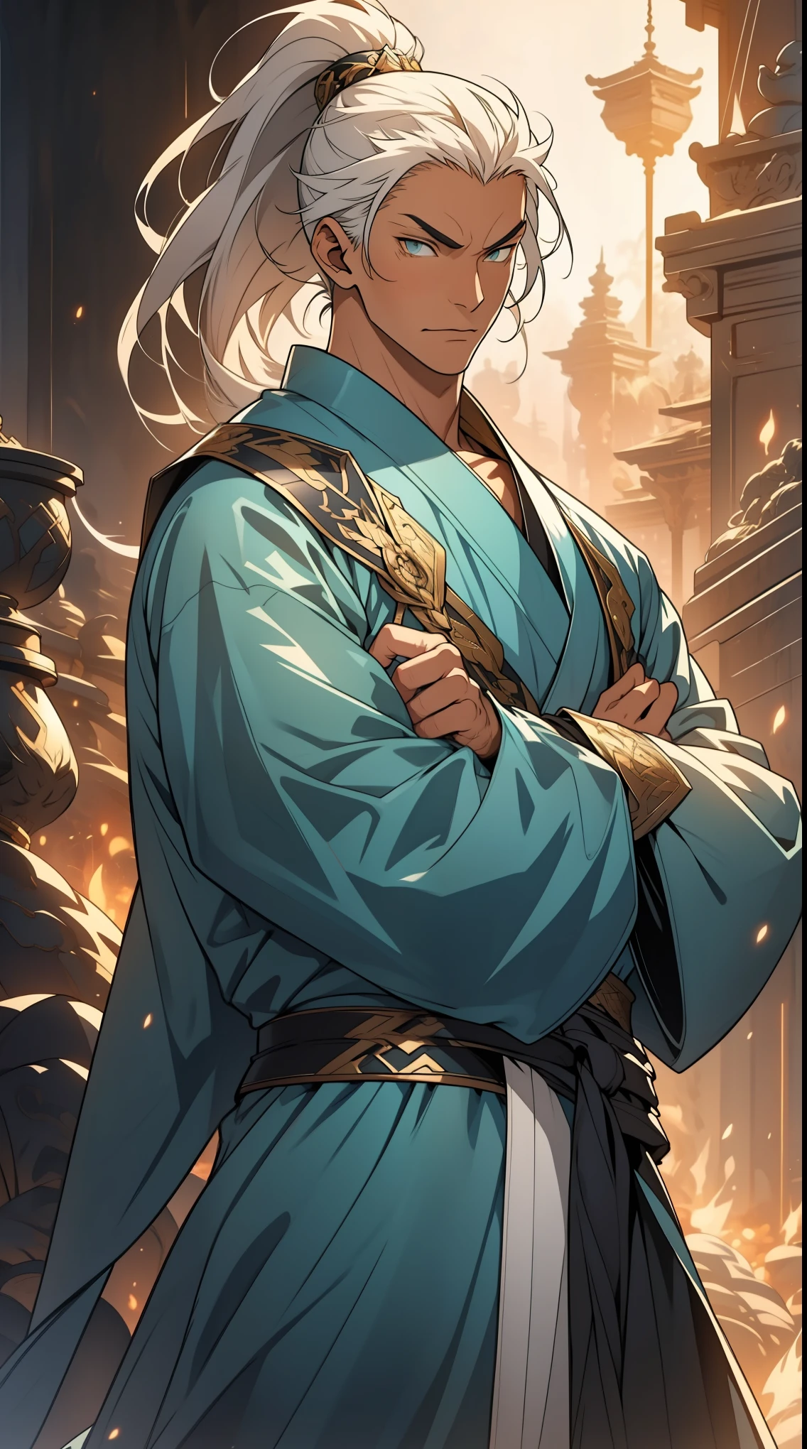 Two dimensions，anime style，one person（male warrior），proportions are correct，facial details，swordsman，high ponytail hairstyle，neck detail，Have an Adam&#39;s apple，Green robe，joke，Cyan robe，clothing details，transfer，long sleeves，Game quality，fencing，Ray tracing，Ray tracing，Detailed glow，CG rendering，hair details，long white hair，s eyes，Handsome，Handsome，（Youthful feeling），Clothing is complicated，Perfect composition，refine，high quality，higher detailany details，Complex background，a sense of atmosphere，