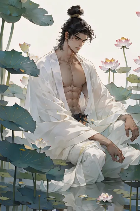 In the lotus pond，A bare-chested man with dark skin and loose black hair is leaning on a stone