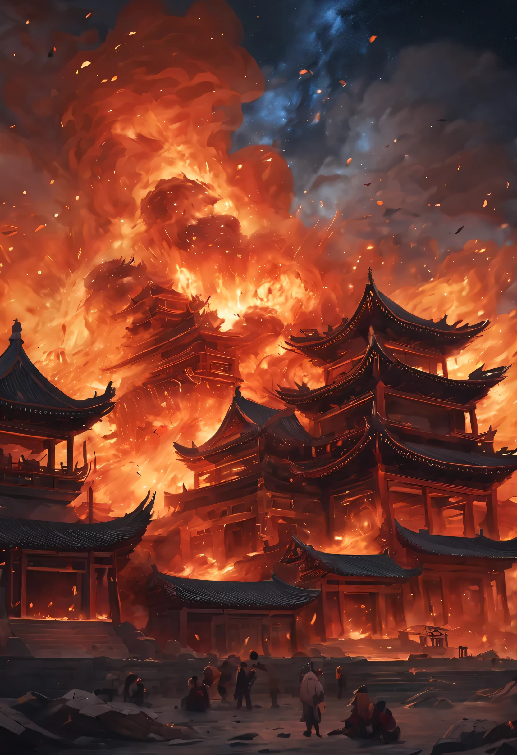 night sky，night，fire，fire海，烈fire，Burning ancient Chinese buildings，capital city，ancient city，collapse，ruins，（汉服红衣女子奔向fire中），explode，burst，ethnic style，Chinese elements，