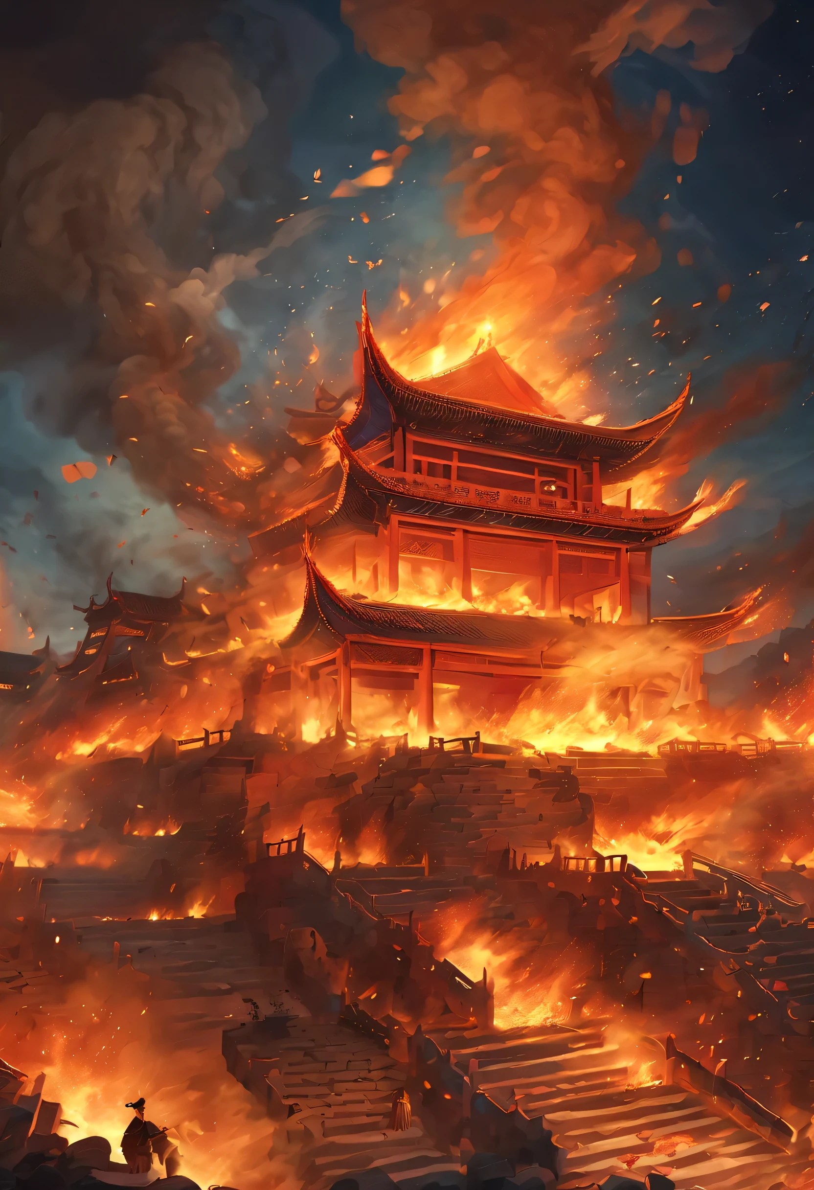 night sky，night，fire，fire海，烈fire，Burning ancient Chinese buildings，capital city，ancient city，collapse，ruins，（汉服红衣女子奔向fire中），explode，burst，ethnic style，Chinese elements，