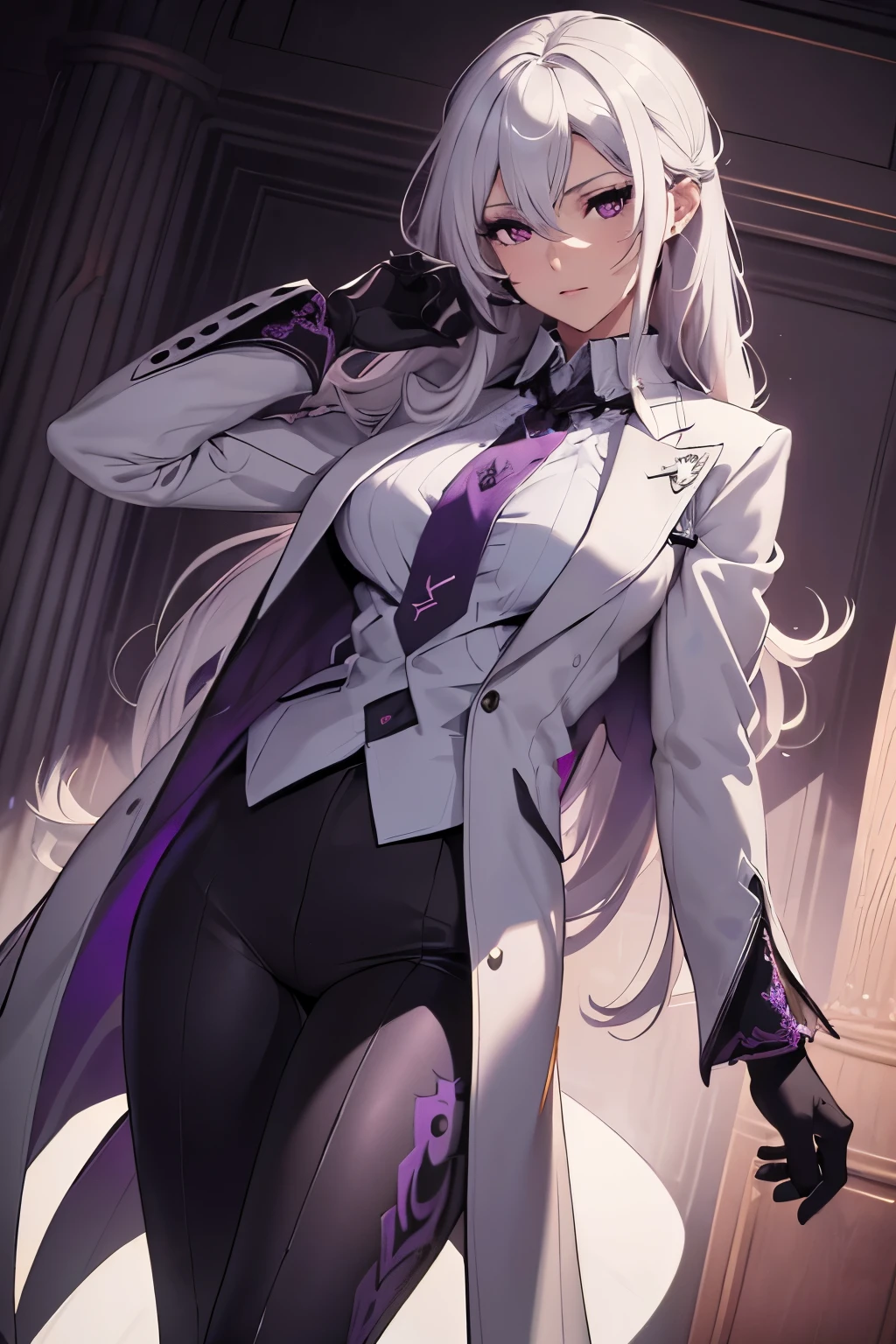 (best quality:1.3), (masterpiece:1.3), (illustration:1.3), (ultra-detailed:1.3), (mid shot:0.9), 1girl, solo, ((long hair, white hair, purple eyes, grey coat, large breasts, purple necktie,)) serious expression, tall, mature, elegant, black gloves, black pants, grey vest, grey shirt, from front,