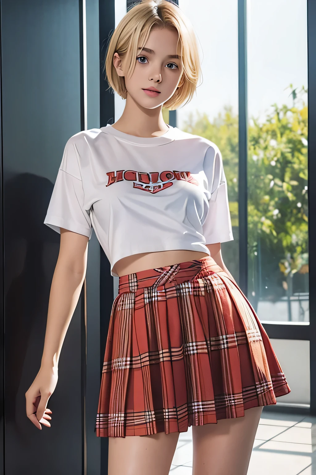 A woman in a skirt and a t - shirt posing for a picture - SeaArt AI