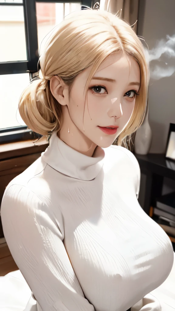 /(modern house indoors/), 1lady solo, mature female, /(White ribbed sweater dress/), bangs, blush kind smile, (masterpiece best quality:1.2) delicate illustration ultra-detailed, large breast、((sweat,steam,Vulgarity))、In front of the entrance door、Visit、(full shot)), 