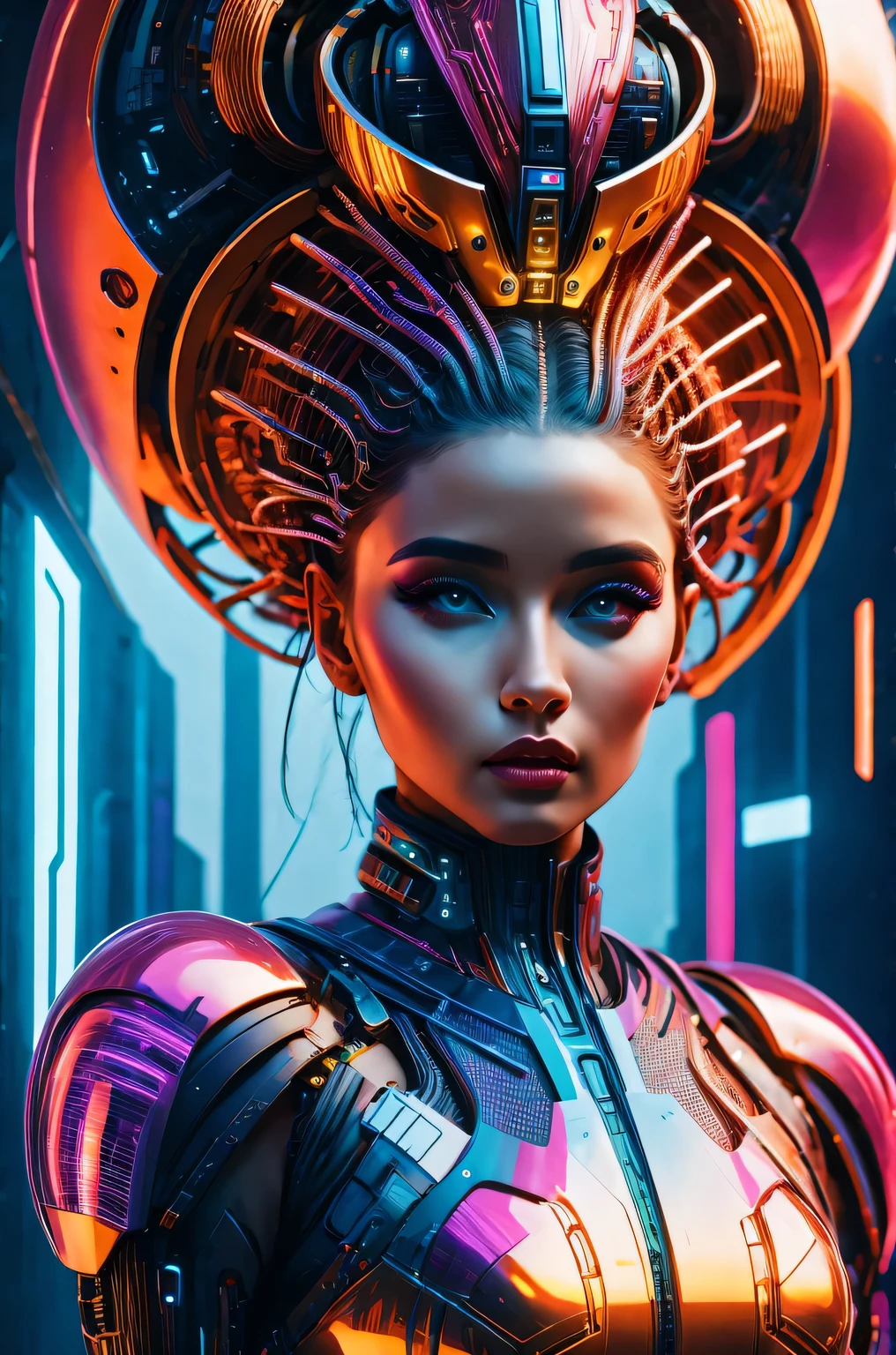 futuristic art girl, (best quality, high resolution, human development report), detailed facial features, intricate hairstyle, Metallic, Shiny surface, dynamic poses, bright colors, Surreal lighting, abstract perspective, (cyberpunk, concept art)