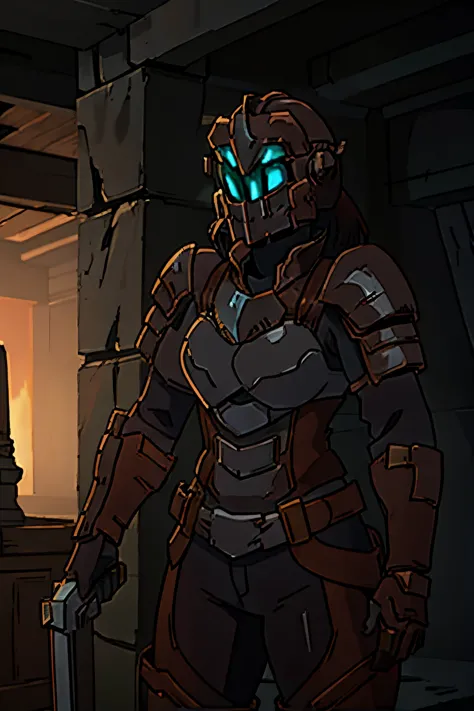 ((female)), (goblin slayer's helmet), (dead space), knight, gothic style, the chest armor looks like a tower battlements