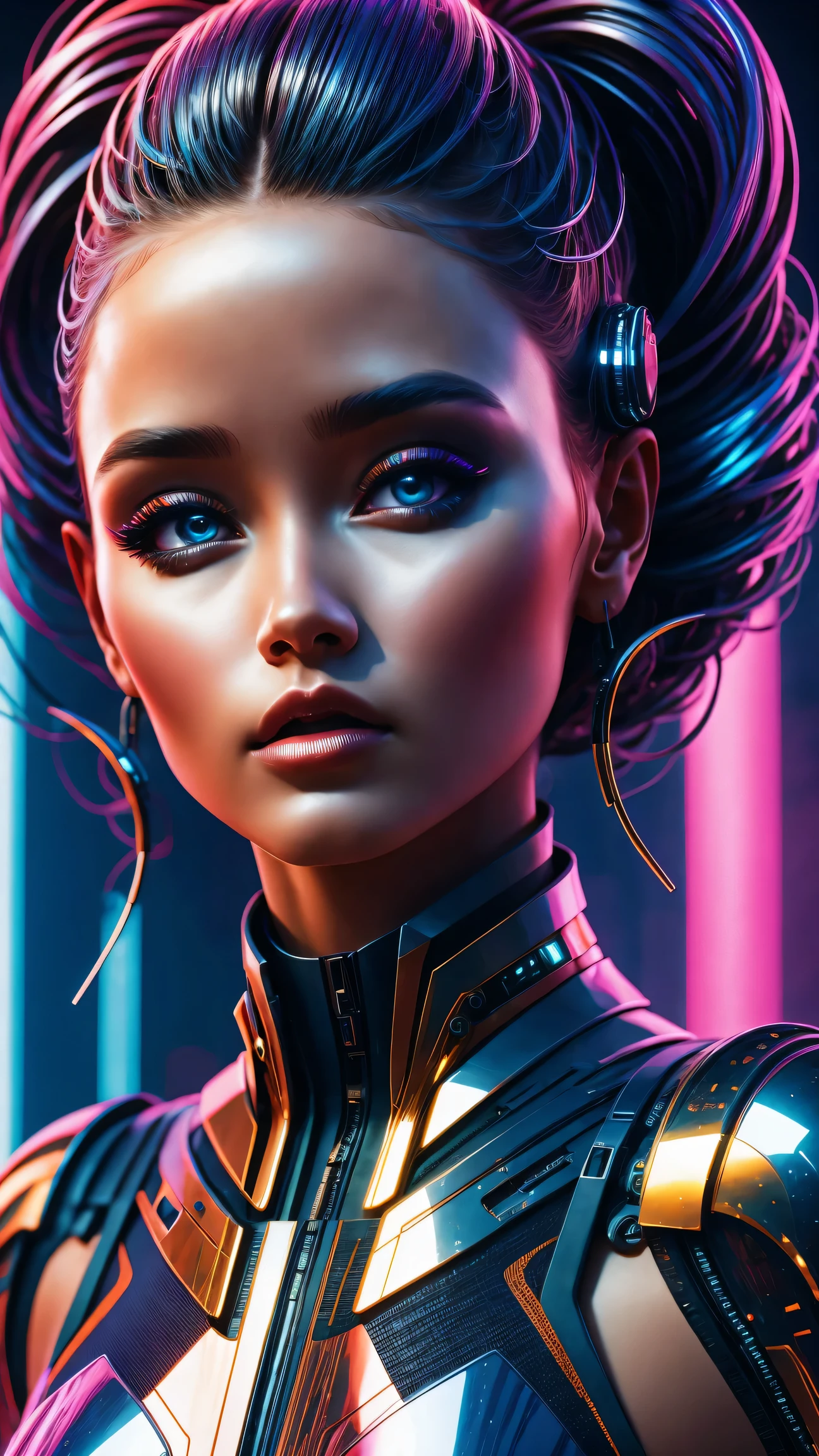 futuristic art girl, (best quality, high resolution, human development report), detailed facial features, intricate hairstyle, Metallic, Shiny surface, dynamic poses, bright colors, Surreal lighting, abstract perspective, (cyberpunk, concept art)