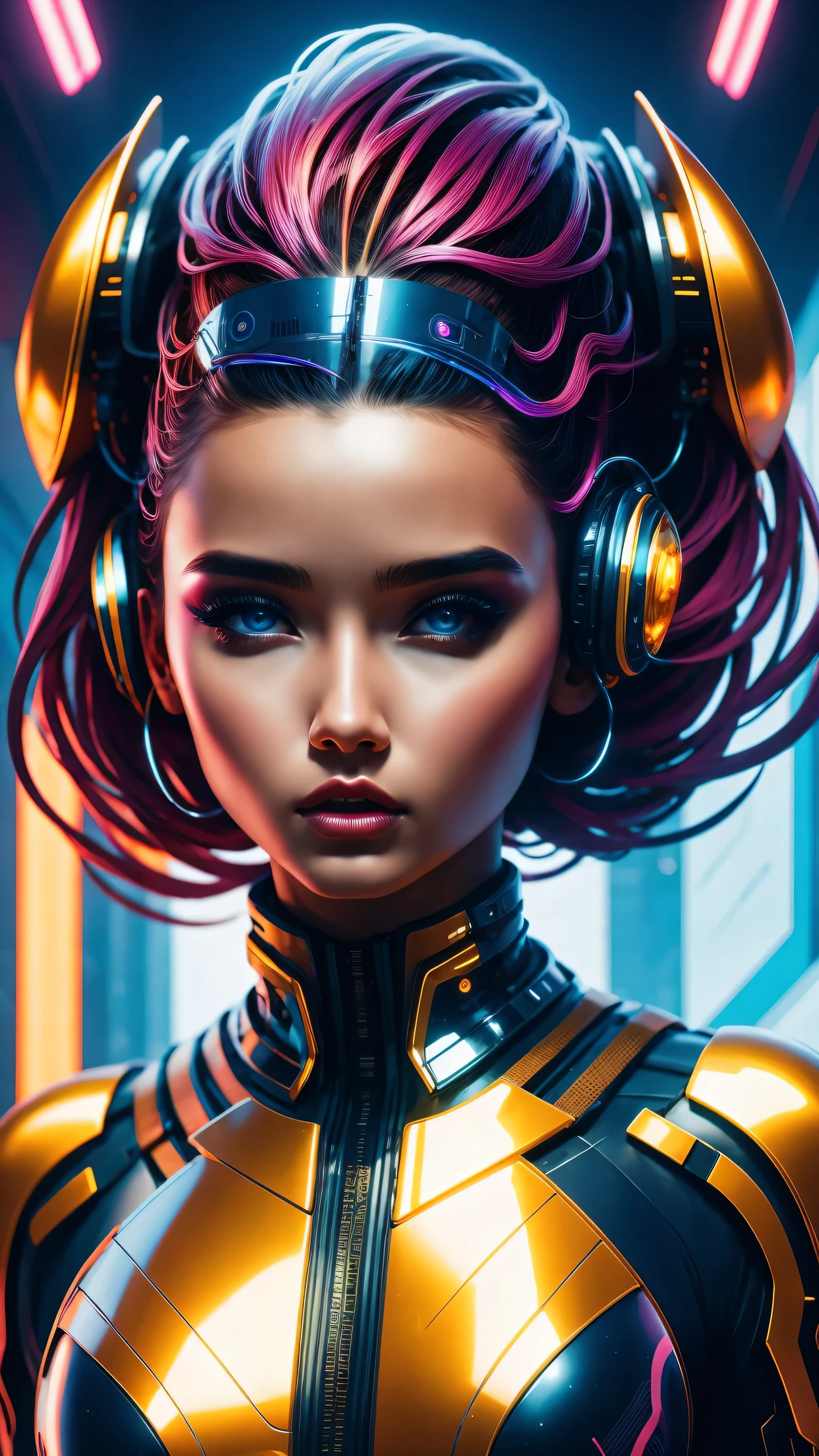 futuristic art girl, (best quality, high resolution, human development report), detailed facial features, intricate hairstyle, Metallic, Shiny surface, dynamic poses, bright colors, Surreal lighting, abstract perspective, (cyberpunk, concept art)