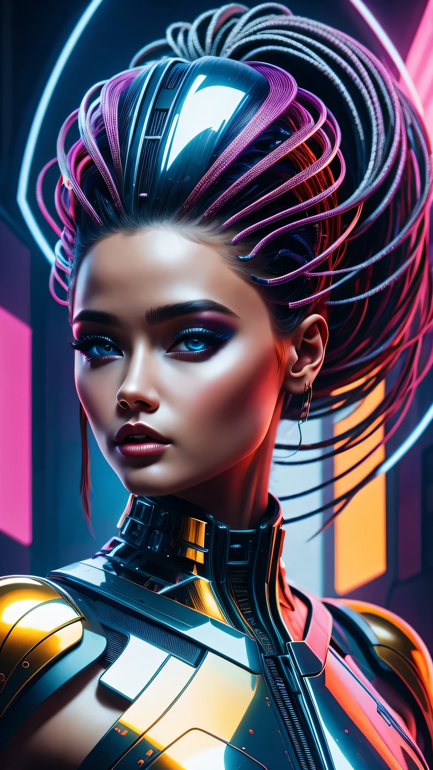 futuristic art girl, (best quality, high resolution, human development report), detailed facial features, intricate hairstyle, Metallic, Shiny surface, dynamic poses, bright colors, Surreal lighting, abstract perspective, (cyberpunk, concept art)