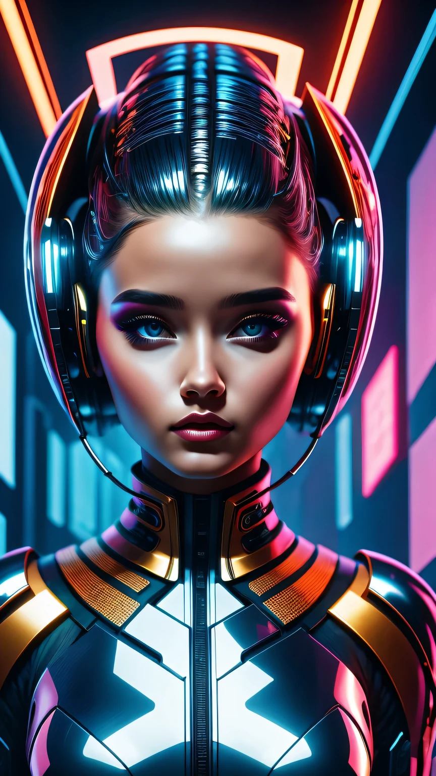 futuristic art girl, (best quality, high resolution, human development report), detailed facial features, intricate hairstyle, Metallic, Shiny surface, dynamic poses, bright colors, Surreal lighting, abstract perspective, (cyberpunk, concept art)