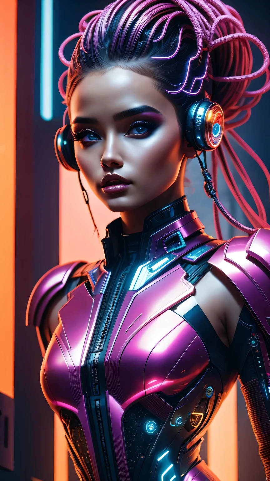 futuristic art girl, (best quality, high resolution, human development report), detailed facial features, intricate hairstyle, Metallic, Shiny surface, dynamic poses, bright colors, Surreal lighting, abstract perspective, (cyberpunk, concept art)