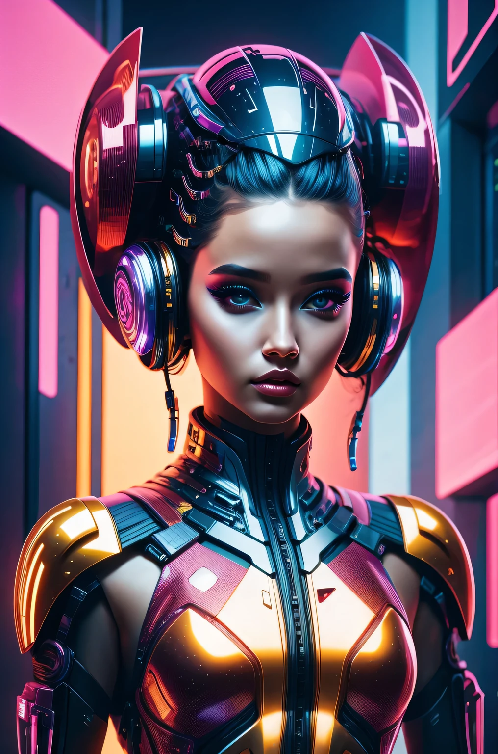 futuristic art girl, (best quality, high resolution, human development report), detailed facial features, intricate hairstyle, Metallic, Shiny surface, dynamic poses, bright colors, Surreal lighting, abstract perspective, (cyberpunk, concept art)