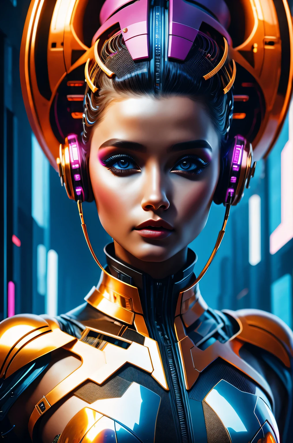 futuristic art girl, (best quality, high resolution, human development report), detailed facial features, intricate hairstyle, Metallic, Shiny surface, dynamic poses, bright colors, Surreal lighting, abstract perspective, (cyberpunk, concept art)