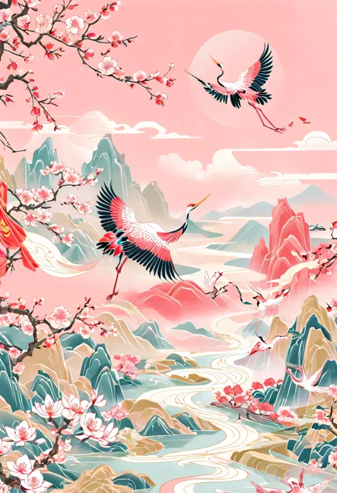(Golden section composition), (golden ratio), Mountain, river, Tree, peach blossom, spring, The red-crowned crane spreads its wi...