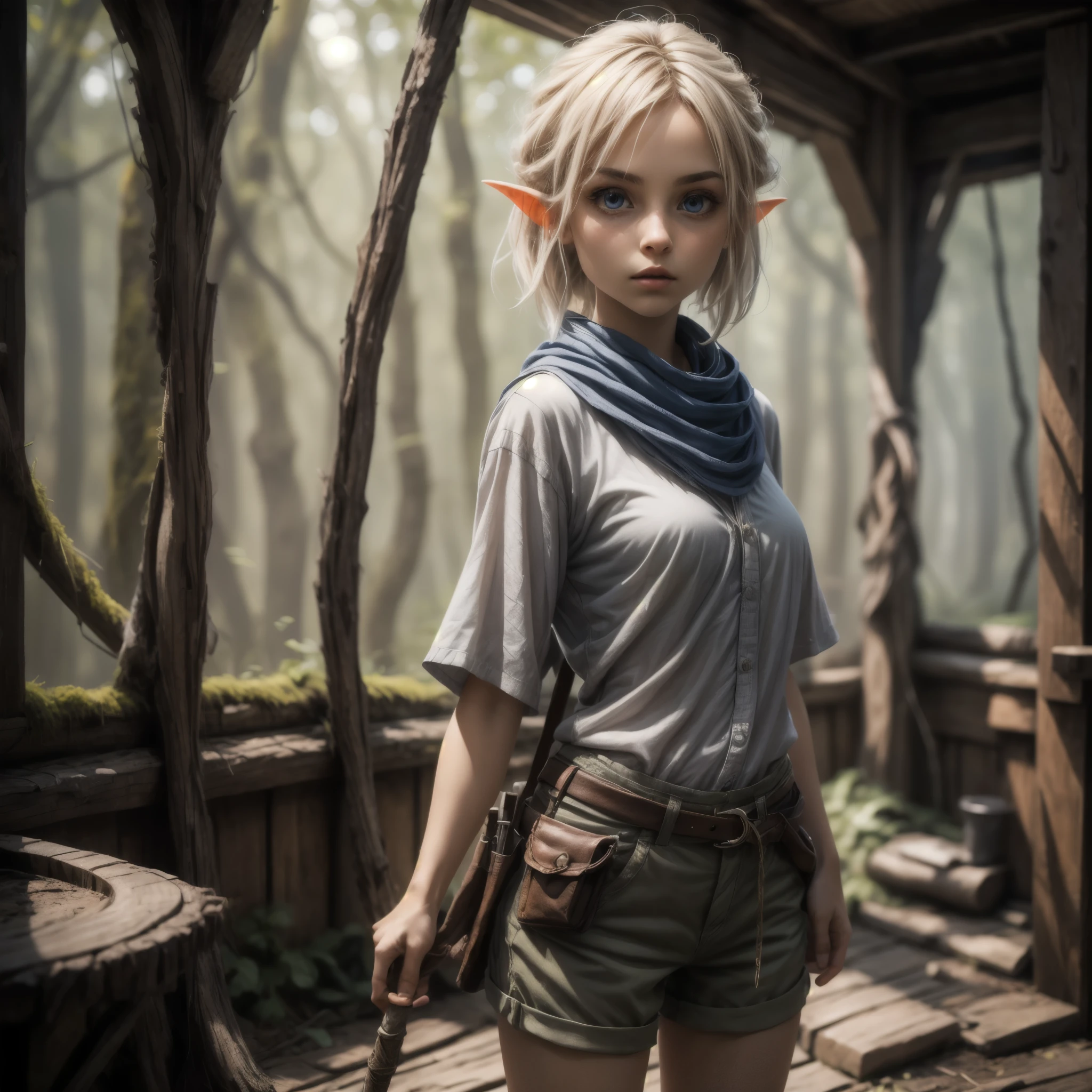 (best quality,4k,8k,highres,masterpiece:1.2),ultra-detailed, female gnome, short blond hair, blue eyes, light blue scarf with white stripes, khaki cargo shorts, green vest, wielding an orbstaff, RPGGnome, short girl, small girl, piperperri, HDR, 8k, absurdres, cinestill 800, sharp focus, add_detail:2, (solo, woman)