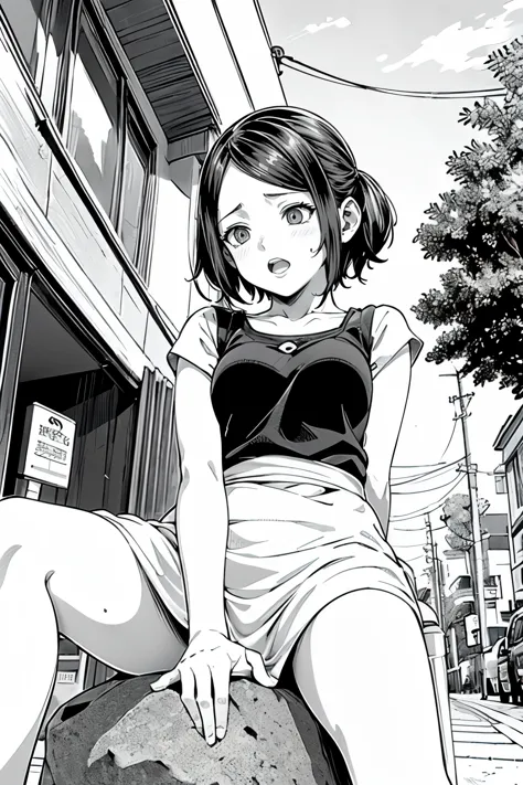 (depicting a single moment from a manga for adults), (hand-drawn), (line art), (manga-style line art background), a housewife, eyes with realistic sizing, drooping eyes, shame, ((orgasm)), (she has a big plastic bag with groceries), (spread her legs, close...
