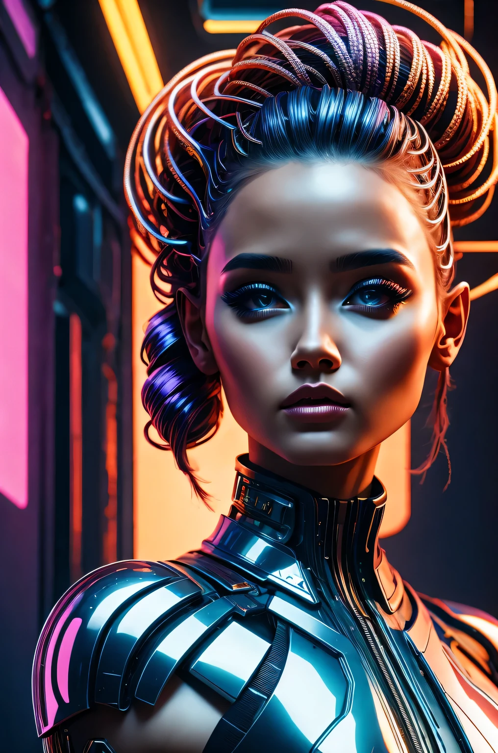 futuristic art girl, (best quality, high resolution, human development report), detailed facial features, intricate hairstyle, metallic feel, Shiny surface, dynamic poses, bright colors, Surreal lighting, abstract perspective, (cyberpunk, concept art),