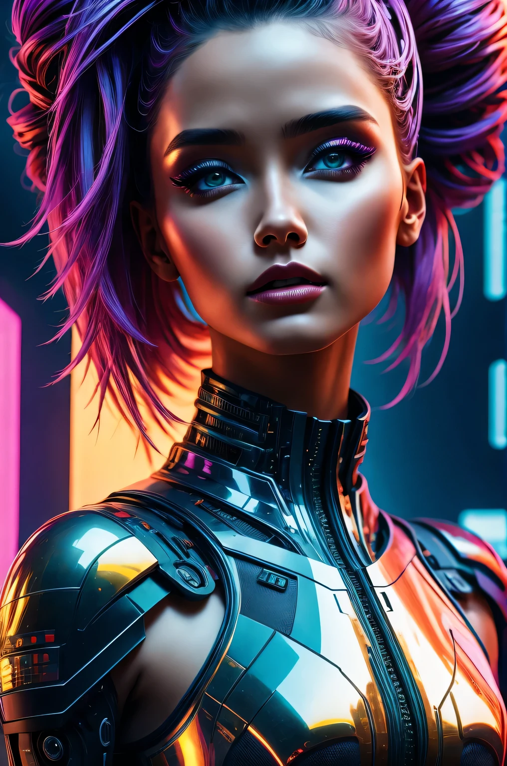 futuristic art girl, (best quality, high resolution, human development report), detailed facial features, intricate hairstyle, metallic feel, Shiny surface, dynamic poses, bright colors, Surreal lighting, abstract perspective, (cyberpunk, concept art),