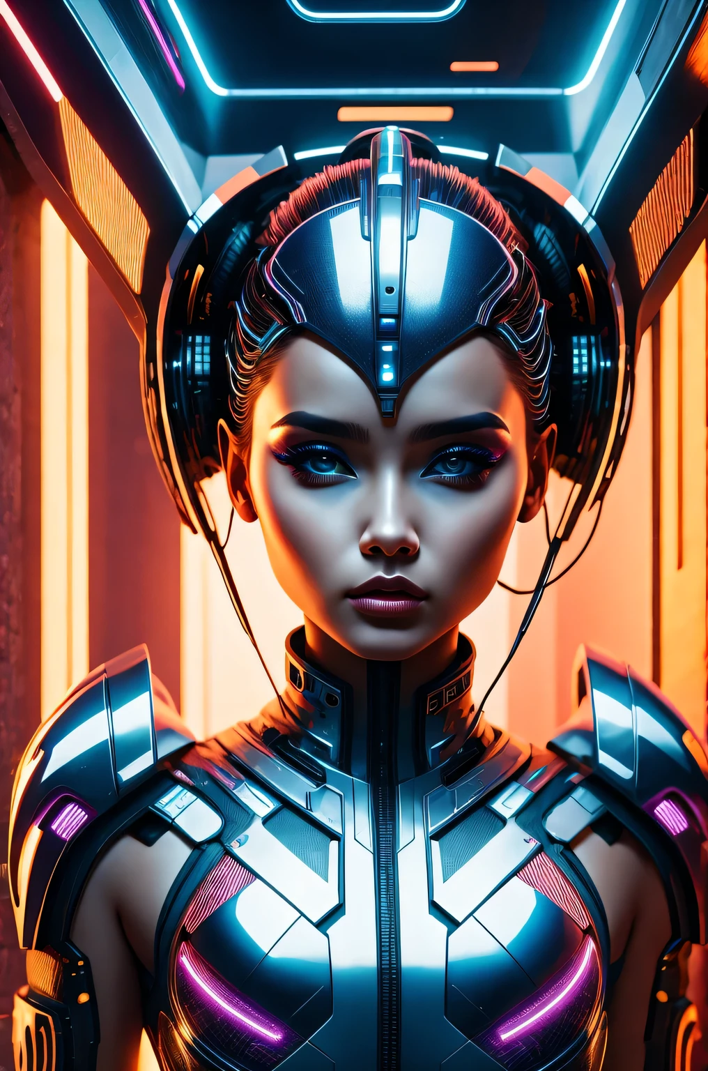 futuristic art girl, (best quality, high resolution, human development report), detailed facial features, intricate hairstyle, metallic feel, Shiny surface, dynamic poses, bright colors, Surreal lighting, abstract perspective, (cyberpunk, concept art),