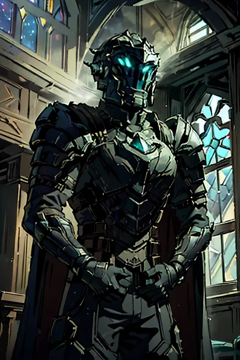 (masterpiece, best quality, high resolution:1.3), Isaac Clarke-inspired gothic armor, (ornate shoulder pads:1.2), (elaborately sculpted mask:1.2), (gauntlets adorned with ornamental spikes:1.2), (slender black cape fluttering dramatically:1.2), (sleek yet ...