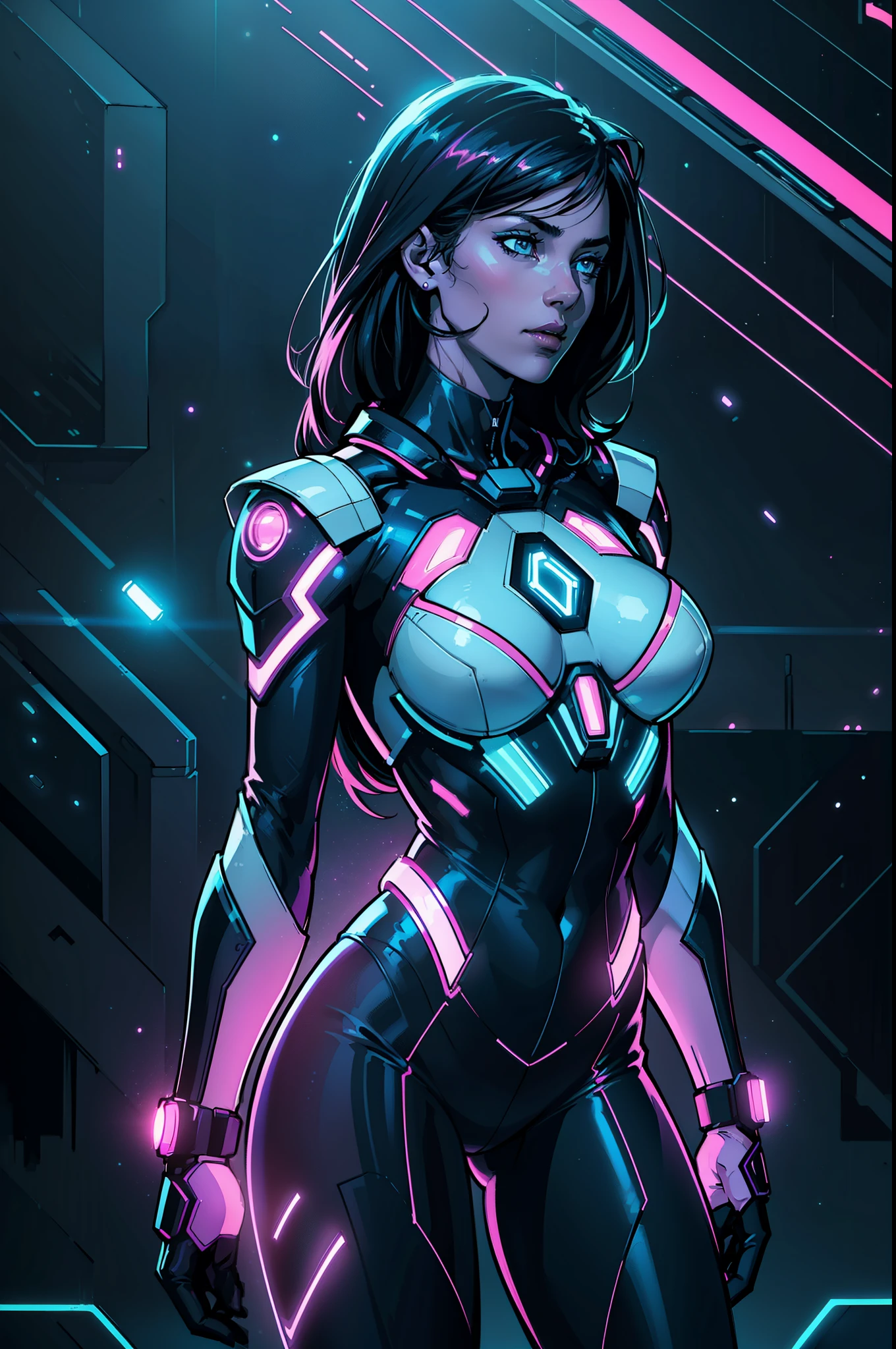 ((Realstic)) and ultra-detailed photography of a woman, body at an angle dramatic angle, portrait, focus on face, space suit, neon colors, rim lighting, atmospheric lighting, woman is well lit, sexy, beautiful woman, glowing neon skin, cinematic lighting, dark simplistic abstract background, night time