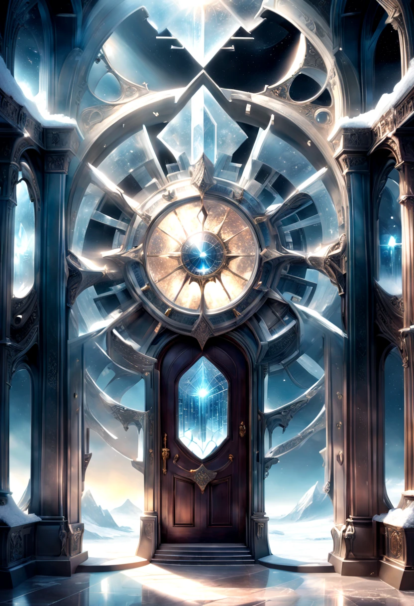 God&#39;s light and shadow, magical dream, ice crystal, magnificent building, the door that travels through time and space are intricate and hazy, the light and shadow, the majestic building, the door that travels through time and space are intricate., 8k, Ultra high detail, masterpiece master art work surreal