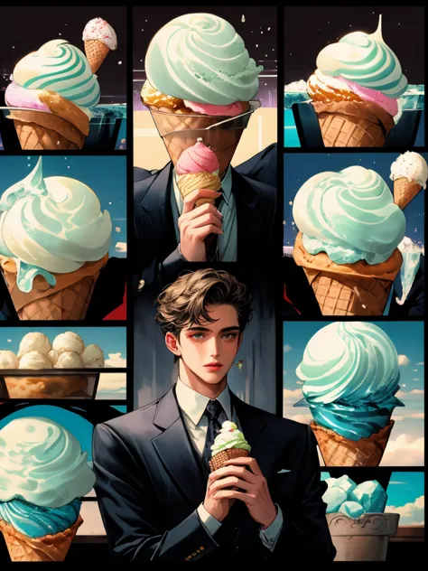 masterpiece, surreal collage, collage a man holding ice cream