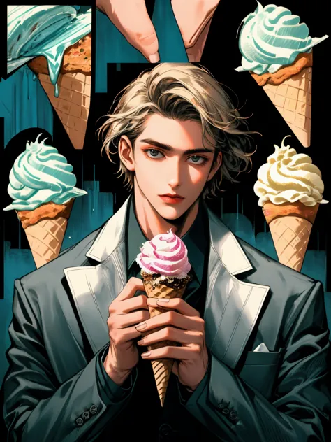 masterpiece, surreal collage, collage a man holding ice cream