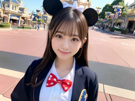 (8K, highest quality, masterpiece, ultra high resolution, super detailed:1.2) , Photo of Pretty Japanese girls,(mikey&#39;s ears:1.2),school uniform,
smile,
, (18-year-old:1.1), japanese idol,(Disneyland:1.3),