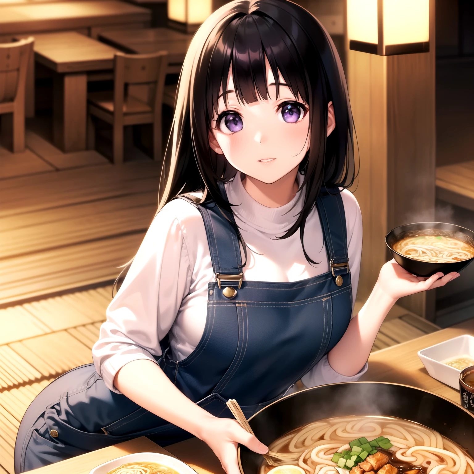 (A superb exquisite Chitanda Eru), (mature face), purple eyes, long black hair, ponytail hair, straight bangs, solo, [Small_breasts: large_breasts: 0.5], normal breasts, ((ramen bar, izakaya, dungarees, sweater)), extremely delicate, peerless beautiful girl, dreamy quality, exaggerated facial features, solid color, delicate face, bright lips, slender waist, straight curves, soft lights and shadows, super fine, 8K HD, (masterpiece:1.4), (finely detailed beautiful eyes: 1.2)