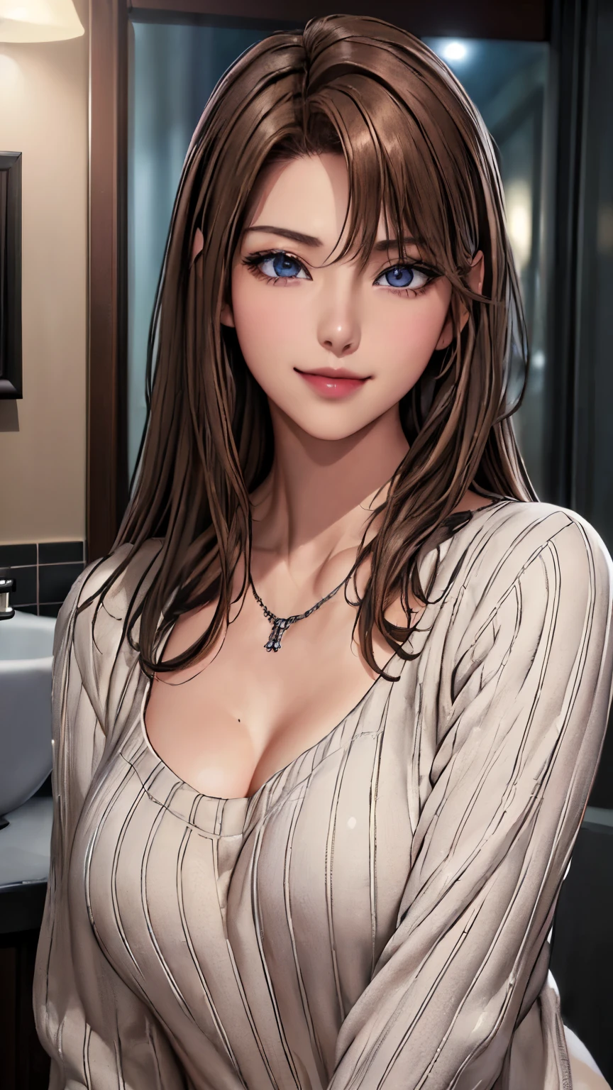 ((night、realistic light、highest quality、8K、masterpiece: 1.3))、1 girl、slim beauty: 1.4、(brown hair、medium breasts: 1.3)、Pink long sweater: 1.1、Bathroom、extra thin face、delicate eyes、 double eyelid、smile、necklace、brown eyes