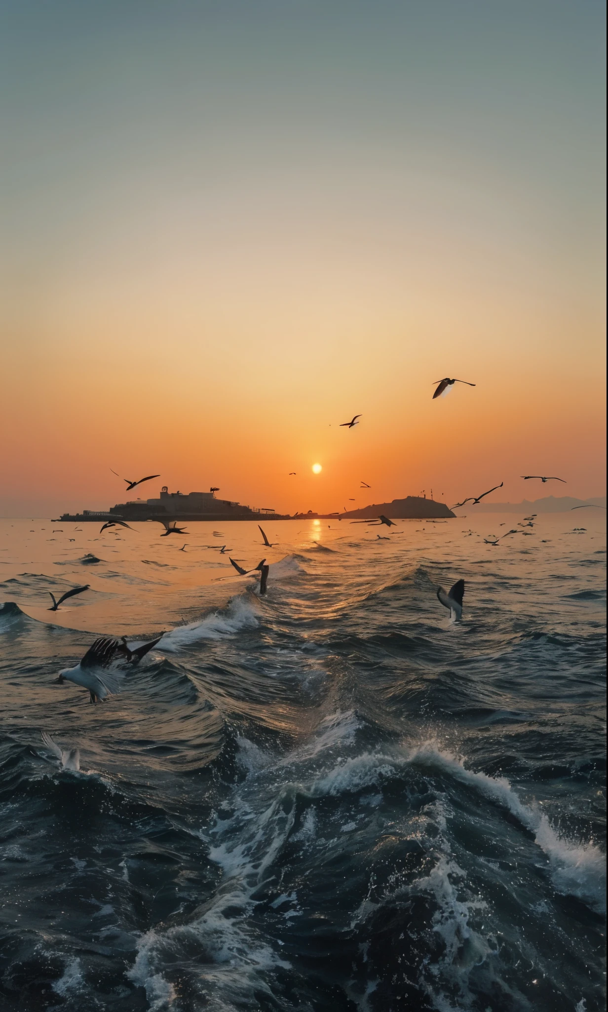 شروق الشمس في البحر ，هناك طيور النورس