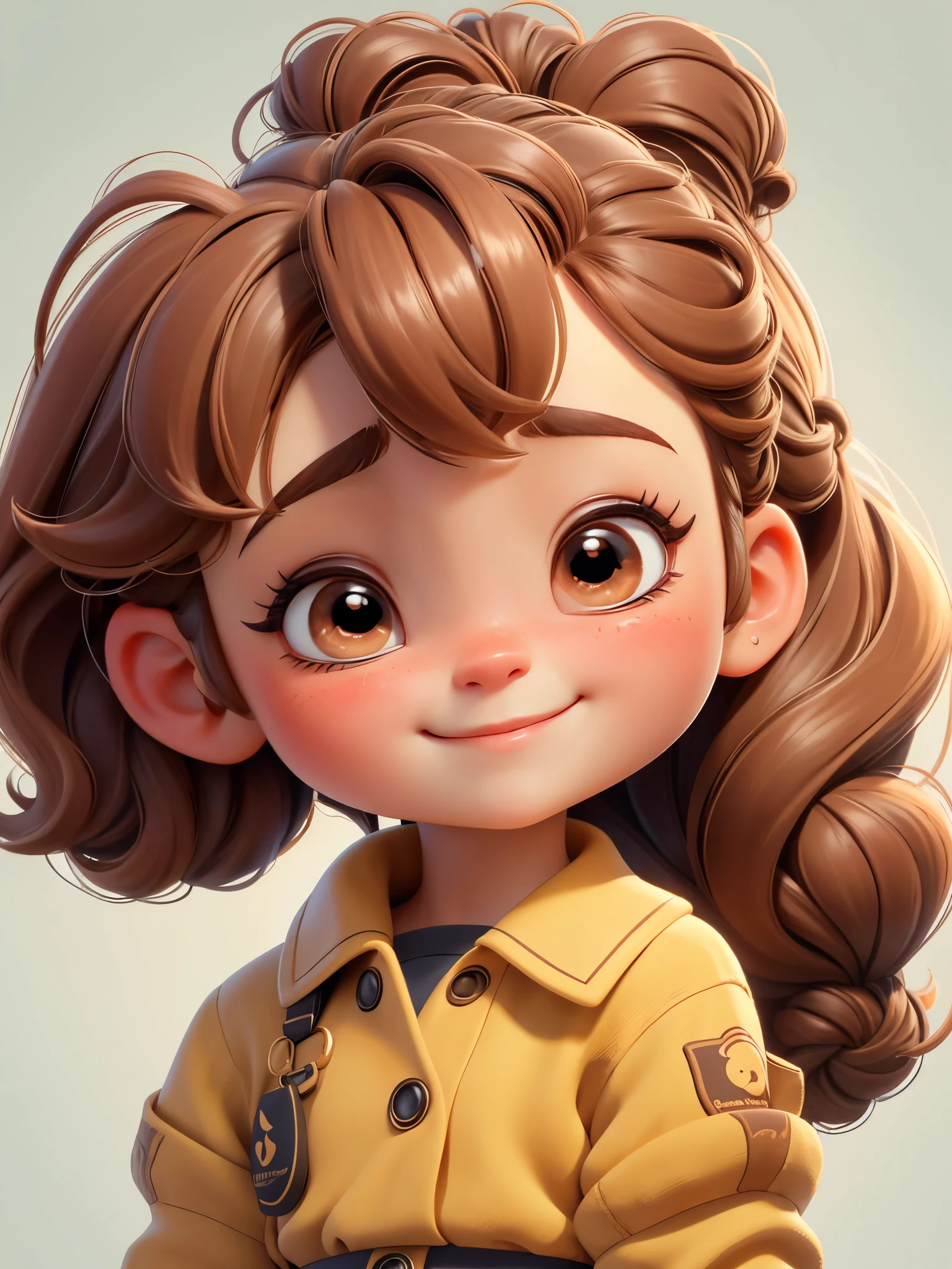 Girl portrait closeup，facial close-up，school uniform，one eye closed（Close one eye：1.2）(((Close-up eyes：1.2)))，braided ponytail, UHD, masterpiece, high details, highres, 8k，((outdoor background))，detailed background，at class room，((cute chibi style))，long eyelashes and rosy cheeks，Happy， (masterpiece: 1.2)， (best quality)，（Close one eye：1.2），Close-up eyes，Solid background pattern, chestnut hair，Front ponytail，