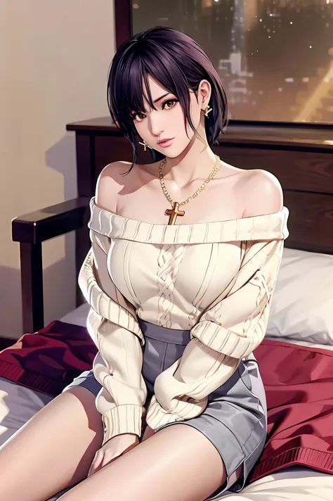 nagisa, (off-shoulder sweater, oversized sweater), (hiden short pants), (cross-legged sitting, hands lying on thighs), on bed, best quality, masterpiece, earrings, necklace,