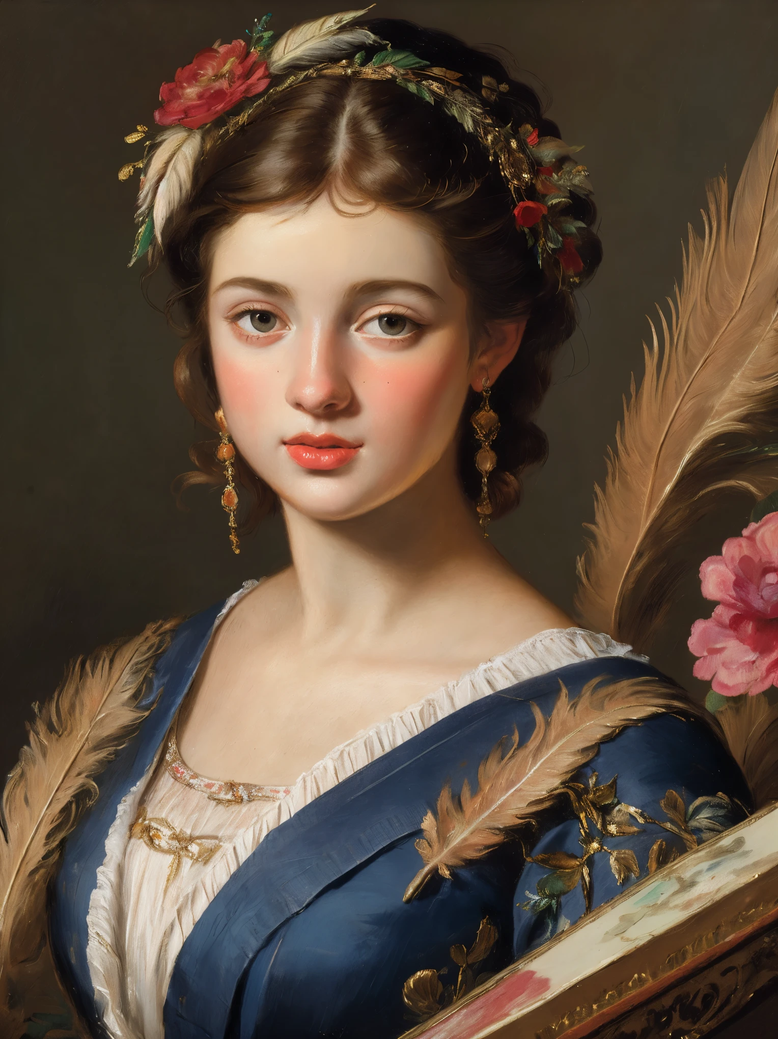 en peignant des portraits dans l&#39;art classique, L&#39;adolescent a une image fascinante de plumes.. Les portraits mettent en valeur les détails exquis du sujet., Y compris des yeux expressifs et des lèvres attrayantes.. Le médium de l&#39;art est (Art académique:1.4), Fait référence au style académique traditionnel de la peinture.. Les peintures affichent une qualité irréprochable, mettant l&#39;accent sur les meilleures qualités., haute résolution (4k, 8ก), et des rendus très détaillés. L&#39;œuvre d&#39;art est réaliste et vivante. (photos réalistes:1.37) sur la beauté, Mettre en valeur l&#39;artiste&#39;l&#39;expertise.. La scène a été éclairée avec des lumières de studio pour améliorer l&#39;image.. couleurs riches et vibrantes, Ajouter une composition globale. L&#39;œuvre est inspirée du célèbre peintre Eugène De Blaas., John William Godward, et bouquet.