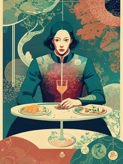 A poster by Victo Ngai，Above is a person sitting at the table，Food and drinks in front of you