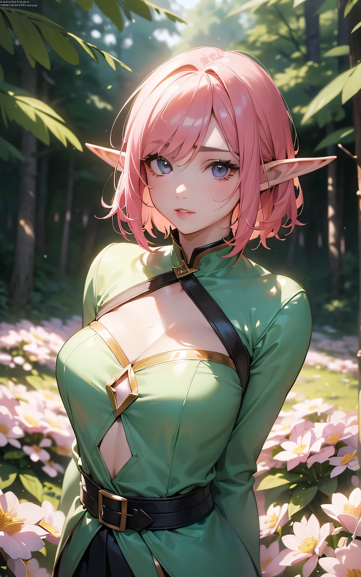 ((Spring Flowering Forest, realistic, detailed hair)), absurderes:2.0, Unity 8K Wallpaper, Masterpiece, Realistic face, high detailed eyes, Realistic skin feeling ,high detailed eyes, highly detailed, realistic glistening skin, detailed background, oily skin, (high-key lighting、Front Light:1.3、 dramatic angle), (solo, sexy ,2 elf、fantasy world、Fantasy clothing、short hair), glossy lips、pink hair
