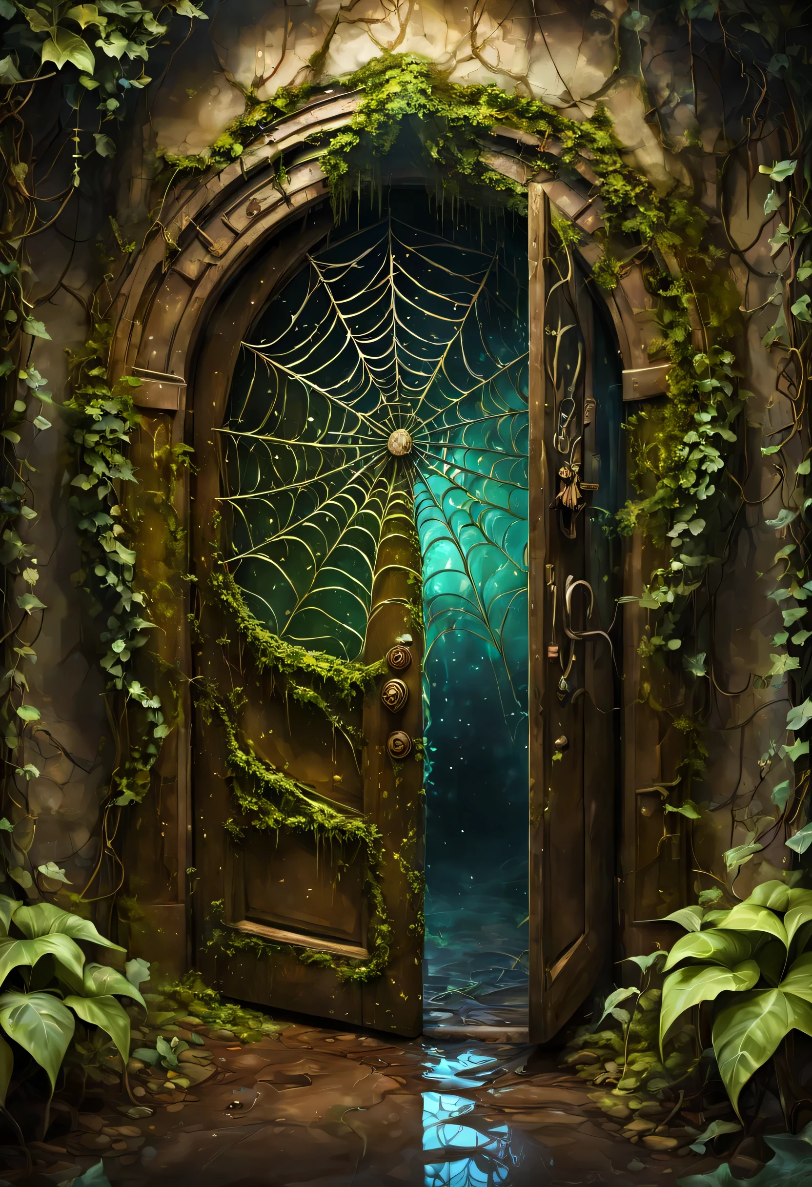 The forgotten gate of time and space, fantasy theme, concept art, The door at the deepest part of the underground labyrinth, door made of magic, entrance to time travel, (A door that won&#39;t open because it&#39;s entangled with ivy and spider webs:1.3, shining magical spider web), (old and rusty door, dirty), dark, (Magical aura leaking from the door:1.3),  (masterpiece), (highest quality), (Ultra high detail)