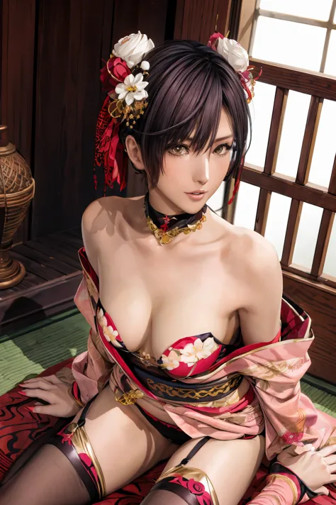 nagisa, courtesan outfit, kimono, thighhighs, japanese hair ornaments, bare shoulders