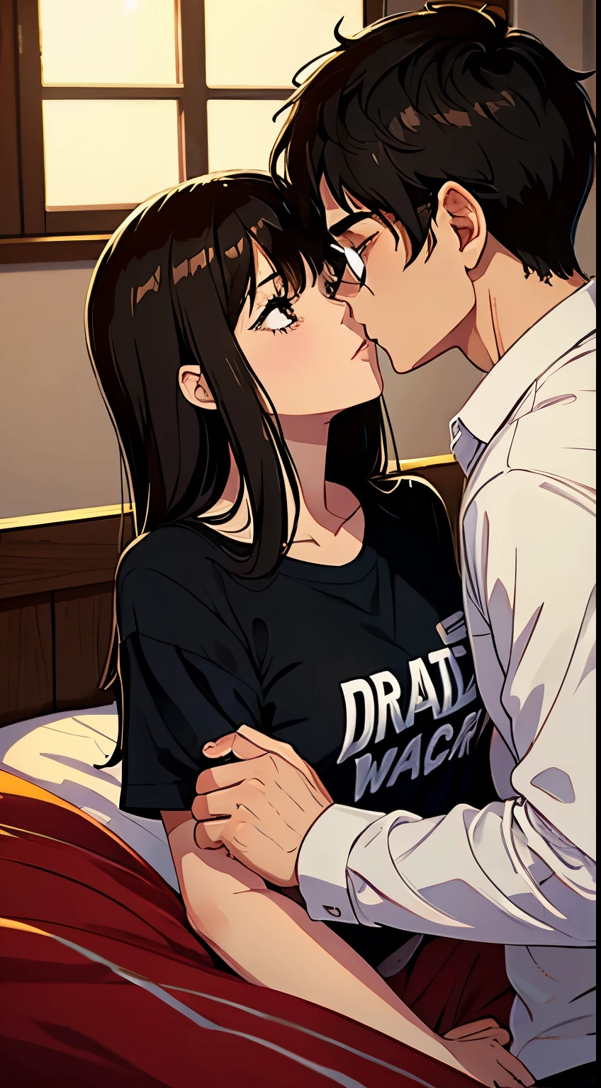 Anime couple kissing in bed with red sheets and window - SeaArt AI